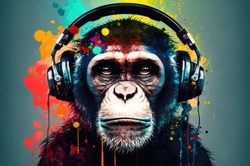 Digital art of a monkey head with headphones and a colored background. Generative AI