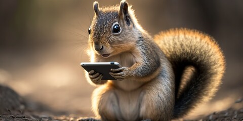 Squirrel holding smartphone device looking like its scrolling through social media or texting, concept of Animal Anthropomorphism and Technology Dependence, created with Generative AI technology - obrazy, fototapety, plakaty