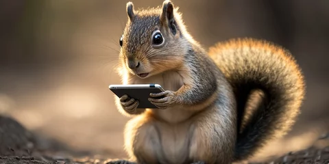 Fotobehang Squirrel holding smartphone device looking like its scrolling through social media or texting, concept of Animal Anthropomorphism and Technology Dependence, created with Generative AI technology © koldunova