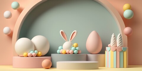 Happy Easter concept. Easter decor with podium empty pedestal in color spring stage design background, copy space. Holiday sale special season promotions product placement template, AI generative.