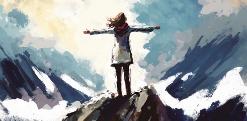 Woman standing on mountaintop with arms outstretched looking up at sky, concept of Freedom and Triumph, created with Generative AI technology