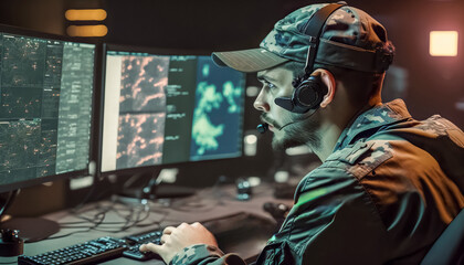 Fototapeta na wymiar A Military Surveillance Officer is working in a central office hub to manage national security and army communications through a tracking operation focused on cyber control and monitoring. digital ai 