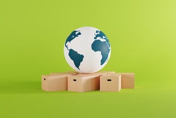 Planet earth, world on parcels, cardboard boxes. The concept of logistics, delivering parcels around the world. 3D render, 3D illustration.