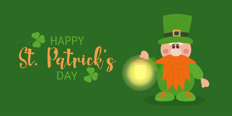 Composition for St. Patricks Day poster template. A leprechaun in a hat with a red beard. The concept of the holiday. Vector illustration on a green background.