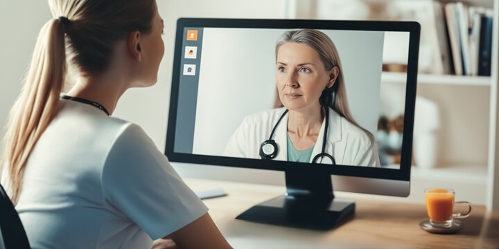 Female doctor talking with earphone while explaining medical treatment to patient through a video call with computer in the consultation. digital ai art.