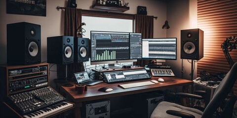 Home recording studio with various instruments microphones and mixing equipment, concept of Audio Mastering, created with Generative AI technology - obrazy, fototapety, plakaty