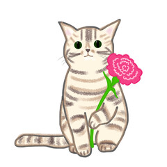 カーネーションを持つ座るしましまトラ猫