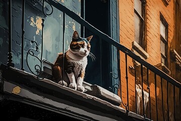 Calico street cat sitting on fire escape, concept of Urban Exploration and Feline Companionship, created with Generative AI technology