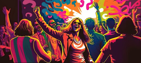 concert crowd dancing and grooving to band playing funk or disco music embodying the vibrant energy of 70s culture, created with Generative AI technology