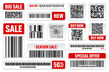 Set of product barcodes and QR codes. Special offer, sale stickers, shopping discount label or promotional badge. Serial number, product ID. Supermarket retail label, price tag. Vector illustration