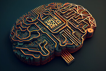 Brain made of intricate circuitry, generative art