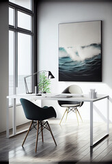 Minimalist modern office with canvas wall art, generative art
