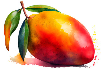 Ripe juicy mango with green leaves, watercolor drawing on a white background. Generative AI.
