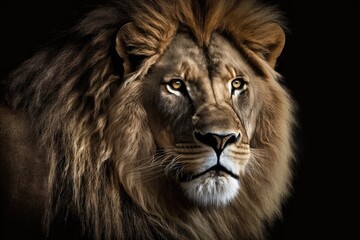 Obraz na płótnie Canvas Dramatic portrait lion. Dominant face lion big king animal. Generative AI