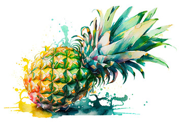 Juicy pineapple with green leaves, watercolor drawing on a white background. Generative AI.