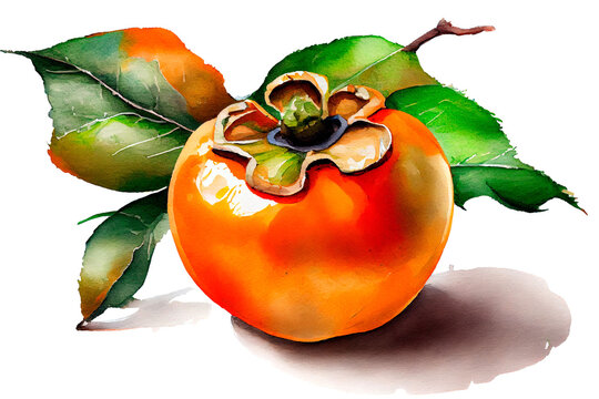 Ripe persimmon with green leaves, watercolor drawing on a white background. Generative AI.