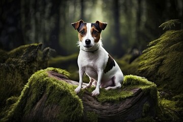 dog on moss in the forest. Jack Russell on the outdoors. Generative AI