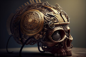 Ornate steampunk skull with bronze intricate workings, generative art - obrazy, fototapety, plakaty