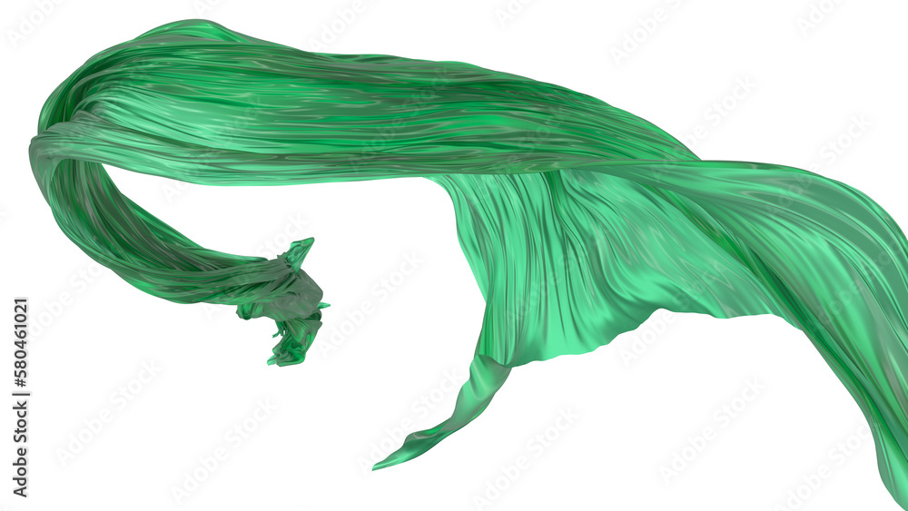 Poster beautiful flowing fabric flying in the wind. green wavy silk or satin. abstract element for design. 