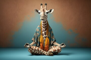 Naklejki  Studio portrait of giraffe in boho clothes doing meditation, created with Generative AI technology