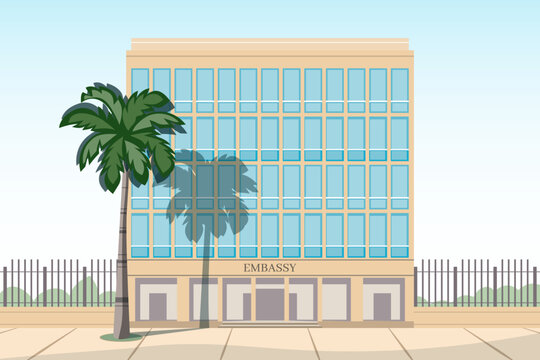Embassy facade with a palm tree and a fence flat style drawing. Havana syndrome concept vector illustration. 