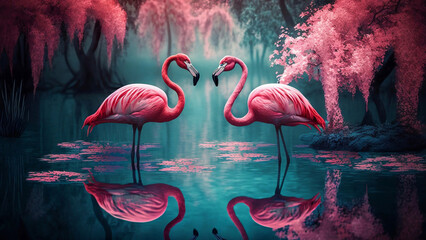 Two beautiful pink flamingos in the water of the dreamlike imaginary forest