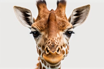 Fototapeta premium Clipping path of a small giraffe face on a white background. Generative AI