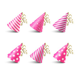 Obraz premium Vector 3d Realistic Pink and White Birthday Party Hat Icon Set Isolated on White Background. Party Cap Design Template for Party Banner, Greeting Card. Holiday Hats, Cone Shape, Front View