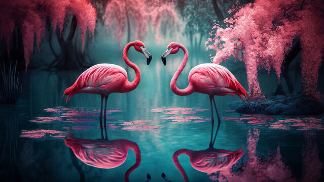 Two beautiful pink flamingos in the water of the dreamlike imaginary forest