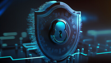 A cyber security illustration with a padlock, black and blue