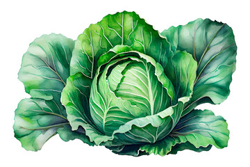 Obraz premium Head of green cabbage, watercolor drawing on a white background. Generative AI.