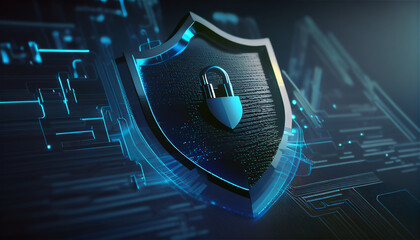 A cyber security illustration with a padlock, black and blue