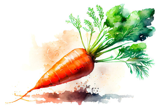 Carrot with green leaves, watercolor drawing on a white background. Generative AI.