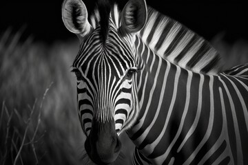 Obraz na płótnie Canvas Close up black and white photo of a zebra in South Africa's Kruger National Park. Generative AI