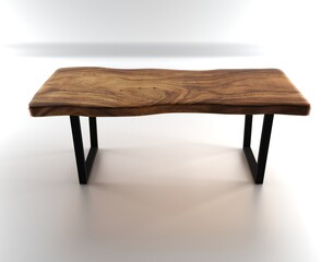 Wooden lacquered table with black metal legs on white background. Modern live edge elm slab coffee table with inner knot in bizarre pattern shape and tree table. 3d rendering.