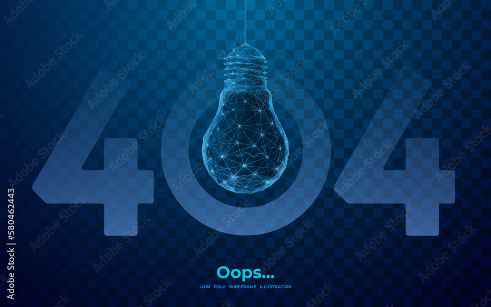 Fototapete 404 error page not found banner. Broken light bulb. Oops... Not found concept. Abstract digital low poly wireframe vector illustration. Website development, programming or web design element.