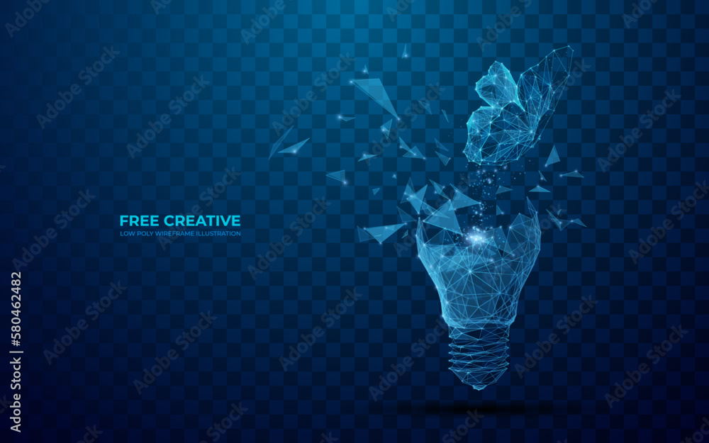 Poster Digital butterfly flies out of a broken light bulb. Flight of fantasy or free creative concept in polygons and lines on transparent background. Isolated 3D Vector illustration in technology blue. 