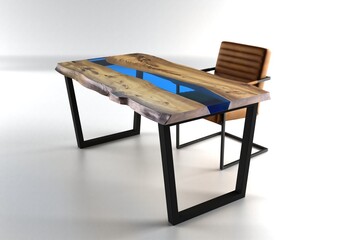 Fototapeta premium Wooden lacquered table with black metal legs on white background. The table perspective made of epoxy resin and wood. Teak table 3d rendering. Epoxy wooden table. 
