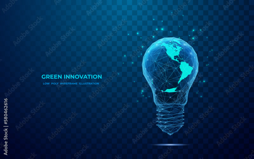 Poster earth inside a light bulb. abstract western hemisphere in blue. digital globe in polygon, lines and 