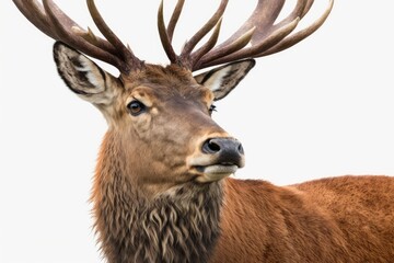 Close up of a male Red deer in front of a white background. Generative AI