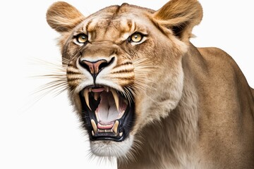 Close up of a roaring lioness, Panthera leo, 10 years old, on a white background. Generative AI - obrazy, fototapety, plakaty