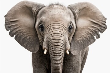 Close up of an elephant on a white background. Generative AI