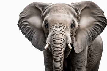 Close up of an elephant on a white background. Generative AI