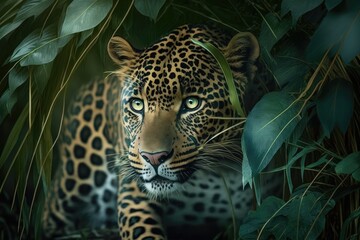 Close up picture of a leopard in the jungle with a leaf. Generative AI