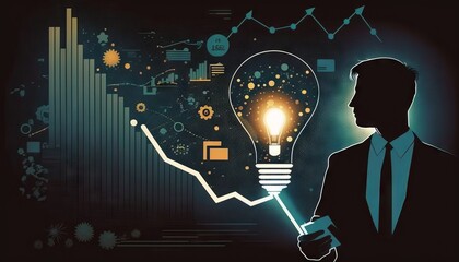 a silhouette Businessman holding creative light bulb with growth graph. Generative ai