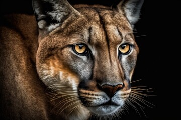 Close up picture of a puma with beautiful eyes, set against a black background. Generative AI
