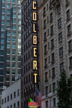 New York, NY, USA - July 2, 2022: The Colbert sign is seen outside the Ed Sullivan Theater, the production location of the Late Show with Stephen Colbert, in the Theater District of Midtown Manhattan.