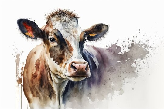 Cow watercolor drawing on white background. Generative AI