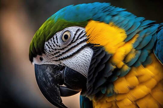 Close up picture of a yellow and blue Ecuadorian parrot in Guayaquil. Generative AI