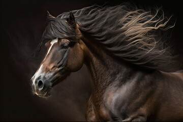 Fototapeta na wymiar Close up picture of a bay horse with a long mane in motion. Generative AI